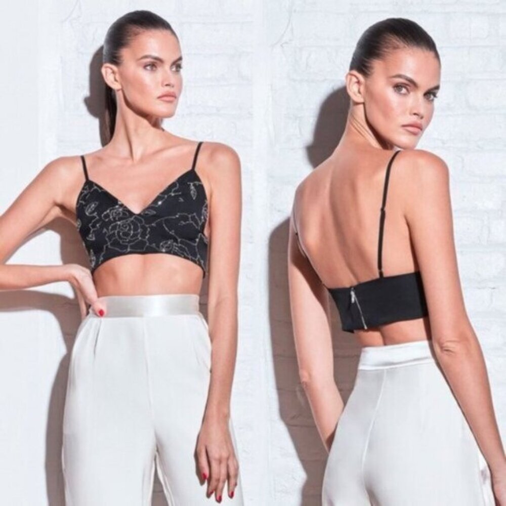 Fleur du Mal Rose Beaded Silk Bra Top Black